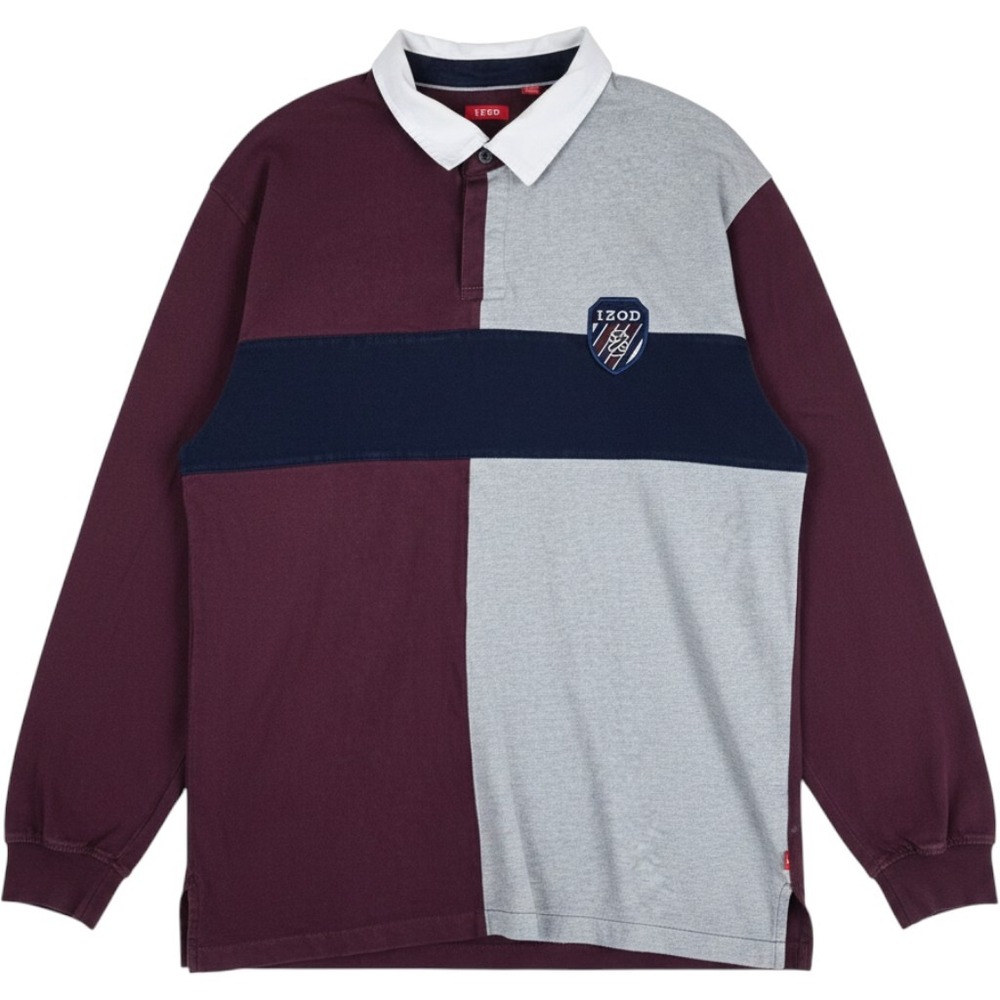 Vintage 90s IZOD Colorblock Rugby Shirt XXL Long Sleeve Crest Patch Maroon Gray